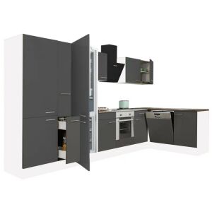 Yorki 370 sarok konyhabútor fehér korpusz,selyemfényű antracit front alsó sütős elemmel polcos szekrénnyel, alulfagyasztós hűtős szekrénnyel 128372281 - Küchenmöbel-Sets