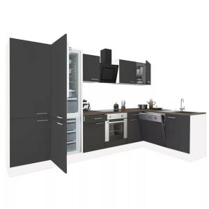 Yorki 340 sarok konyhabútor fehér korpusz,selyemfényű antracit front alsó sütős elemmel polcos szekrénnyel, alulfagyasztós hűtős szekrénnyel 128373251 - Leziter