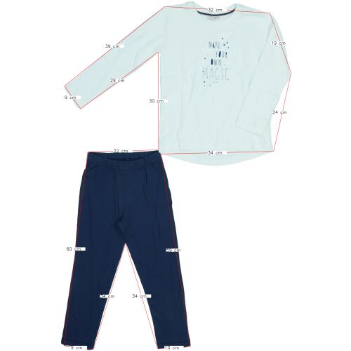 Pijamale pentru fete Esprit, mărimea 110, bluză albă cu mâneci lungi cu imprimeu 'Make Your Own Magic' și pantaloni bleumarin