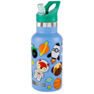 Стъклена бутилка за вода SKIP HOP от неръждаема стомана с капачка със сламка и стикери, синя, 380 ml - Kulacs