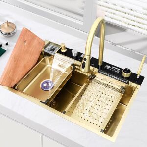 Goldene Küchenspüle mit ausziehbarer Sprühbrause, Schneidebrett und digitaler Temperaturanzeige - Spülbecken