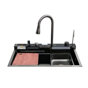 Schwarze Edelstahl-Spüle mit ausziehbarer Brause, digitaler Temperaturanzeige und zwei Wasserstrahlvarianten - Spülbecken