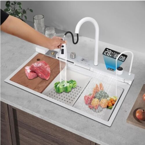Multifunktionale Küchenspüle mit ausziehbarer Sprühbrause, Schneidebrett, LCD-Temperaturanzeige, 2 Wasserstrahlen, weiß, 75x46 cm