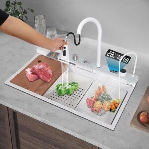 Zlew kuchenny wielofunkcyjny z wyciąganą spryskiwaczem, deską do krojenia, wyświetlaczem temperatury LCD, 2 strumieniami wody, biały, 75x46 cm - Instalacja wodna, gazowa i grzewcza