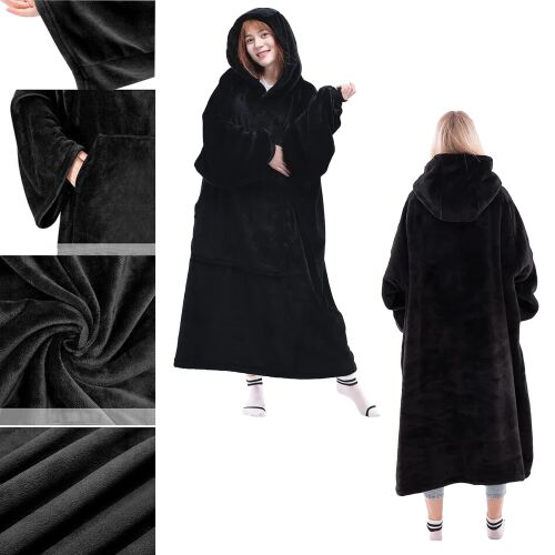 Fekete túlméretezett kapucnis takaró zsebbel, elülső és hátsó nézet, a szövet textúrájának közeli képe