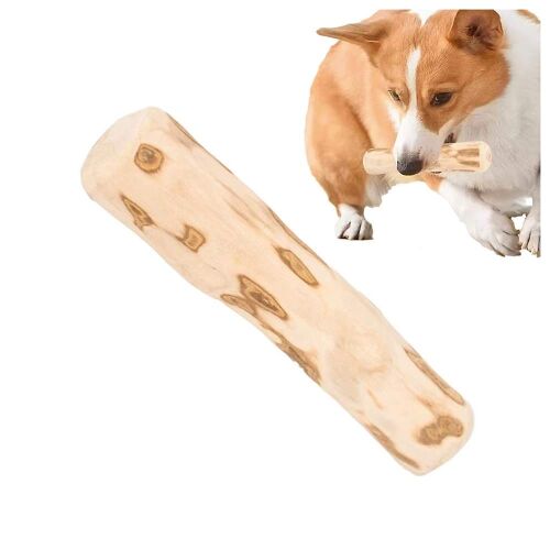 Câinele mestecă o bețișoară de mestecat din lemn natural, jucărie durabilă pentru câini