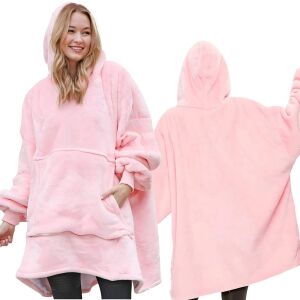 Hudi roz oversized roz cu glugă roz, cu buzunare, vedere din față și din spate - Pulovere pentru femei