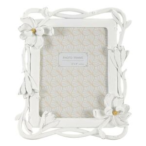 Virágos Képkeret Magnolia 15x20 cm, fehér virágos képkeret, műgyanta fotókeret magnólia virág részletekkel - Képkeret