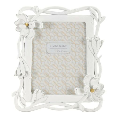 Virágos Képkeret Magnolia 15x20 cm, fehér virágos képkeret, műgyanta fotókeret magnólia virág részletekkel