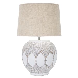 Fehér kerek asztali lámpa bézs szövet lámpabúrával, dekoratív levélmintával, Attene, 38x59 cm - Lámpa & Világítás