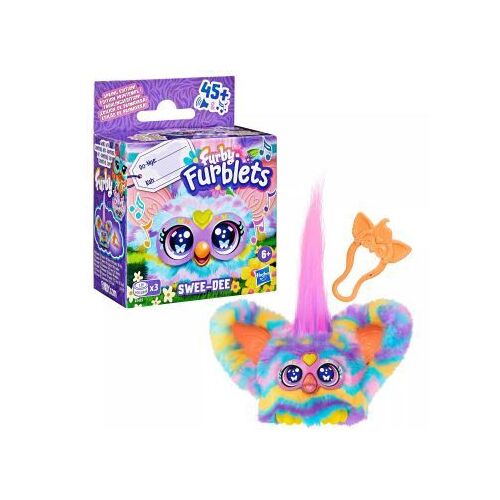Jucărie de pluș interactivă Furby Furblets Swee Dee, colorată, roz, albastru, galben, verde, violet, portocaliu, cu coadă și urechi