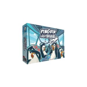 Pingvin légitársaság társasjáték doboz, rajzolt pingvinekkel a pilótafülkében - Gémklub