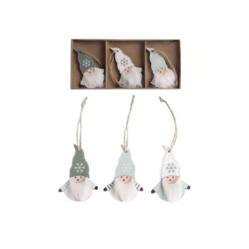 Set de 3 ornamente de Crăciun din lemn în formă de gnomi cu pălării albe, verde deschis și verde închis, 8 cm, cu șnur pentru agățare
