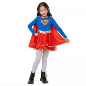 Super Girl Kostüm für Kinder, rotes und blaues Superheldenkleid mit Umhang, Größe 130-140 cm - Godan