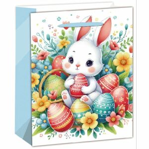 Fehér nyuszi mintás ajándéktasak - 18 x 23 cm