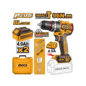 INGCO P20S 20V akkus ütvefúró-csavarozó, kefe nélküli motorral, 96Nm nyomatékkal, 2 x 4.0Ah akkumulátorral és töltővel - INGCO