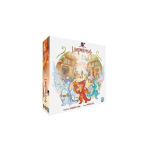 Lángművesek társasjáték doboz, színes sárkányokkal és középkori város illusztrációval - Gémklub