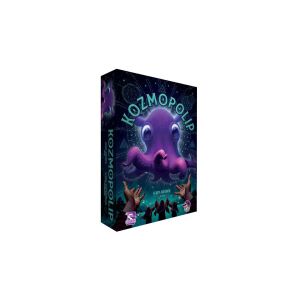 Kozmopolip társasjáték doboz, egy lila polip látható rajta világító szemekkel, csillagos háttér előtt - Gémklub