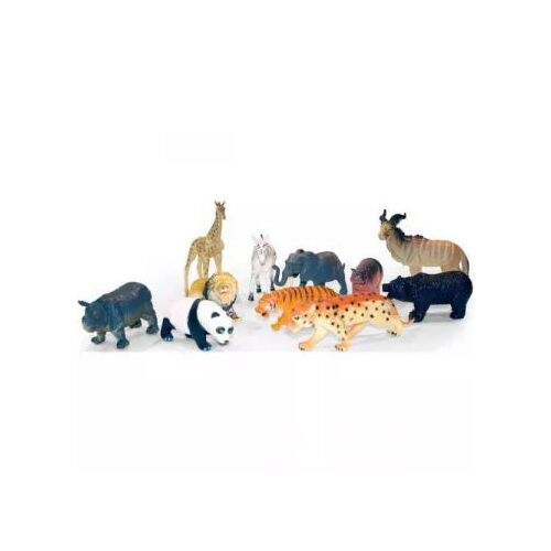 12 darabos, valósághű műanyag vadállat figura szett, köztük zsiráf, zebra, elefánt, oroszlán, panda, tigris, leopárd, orrszarvú, víziló, medve és két további állat - Figura