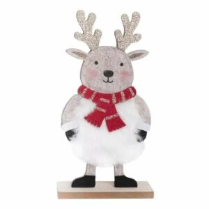 Filcowa dekoracja renifera z drewnianą podstawą i czerwonym szalikiem - Dekoracja sezonowa