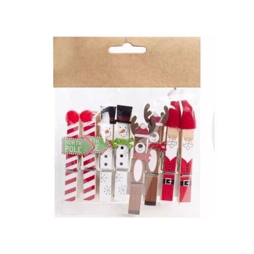 Sada 8 vianočných drevených štipcov s motívmi ako Santa Claus, sob, snehuliak a cukríkové paličky.