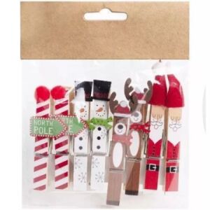 Satz mit 8 Weihnachts-Holzklammern mit Designs wie Weihnachtsmann, Rentier, Schneemann und Zuckerstangen. - Weihnachten