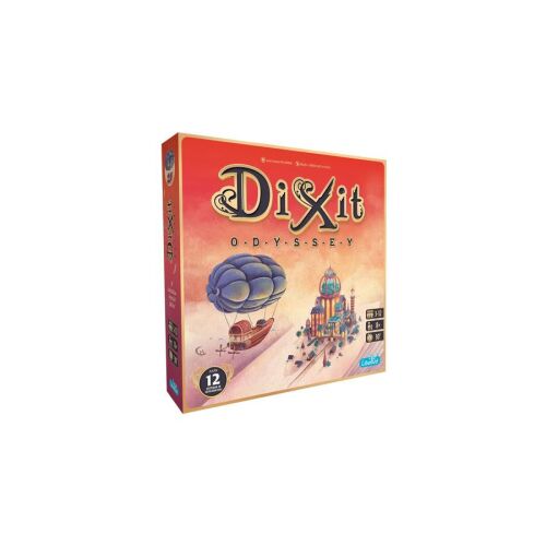 Dixit Odyssey társasjáték doboz, egy léghajó és egy város rajzával