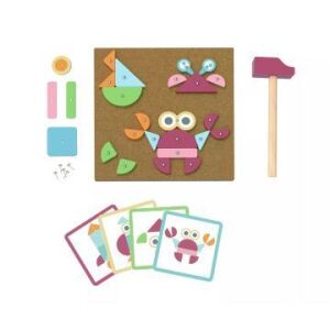 Tooky Toy: Fa barkácsjáték alaplappal, set za gradnju od drveta uključuje ploču od plute, čekić, čavle i šarene oblike za stvaranje različitih uzoraka - Konjić i životinja za ljuljanje i Igra za razvoj predškolaca