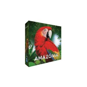 Amazónia társasjáték doboza, vörös ara papagájjal zöld dzsungel hátterű - Gémklub