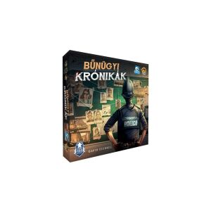 Bűnügyi Krónikák társasjáték doboz, egy nyomozóval, aki egy parafadugó táblán áll, amelyen fotók és nyomok láthatók - Gémklub