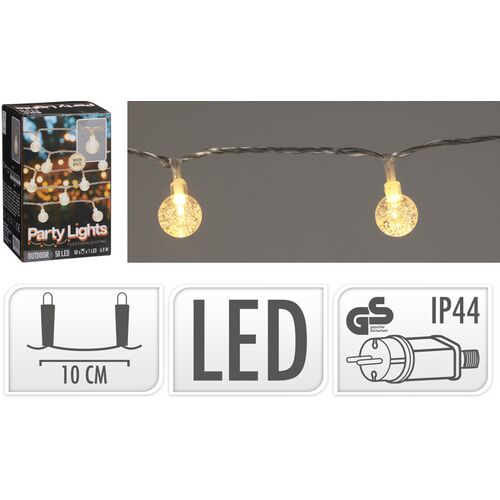 4,9 m-es LED fényfüzér 50 db meleg fehér izzóval, átlátszó vezeték, IP44 vízálló, tökéletes kültéri dekorációhoz