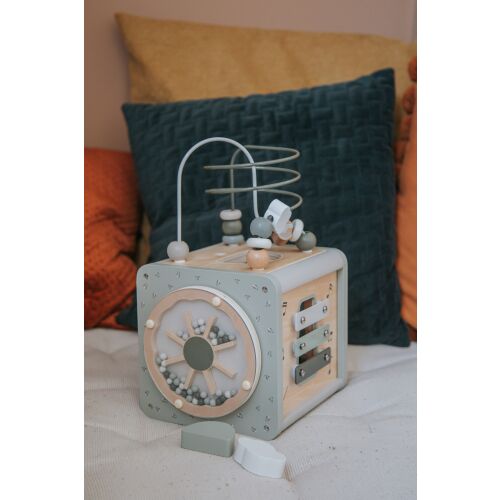 Label Label Tevékenység Kocka - Oliva, 5 az 1-ben fajáték gyöngy labirintussal, xilofonnal, formaválogatóval, fogaskerekekkel és golyóvezetővel