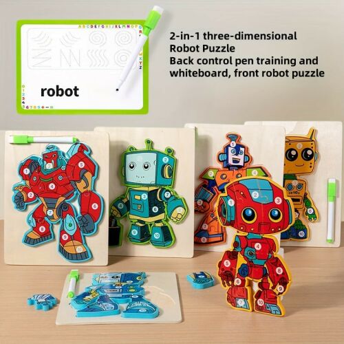 Fa robot puzzle készlet táblával és filccel, 2 az 1-ben tanulójáték gyerekeknek - 3D puzzle