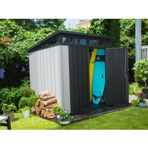 Keter Artisan 7x7 kerti tároló, szürke és grafit színben, dupla ajtókkal nyitva, a belső tárolótér látható - Keter