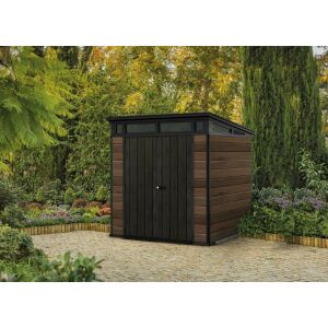 Keter Signature 7x7 Diófa kerti tároló dupla ajtókkal, ablakokkal és tetővel, kertben - Keter