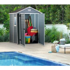 Keter Manor 6 x 5 kerti ház, szürke és fehér színben, nyitott dupla ajtókkal, a belső tárolótér látható - Keter