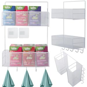 Weißer Wandorganizer aus Metall mit zwei Ablagen und Haken, perfekt für die Aufbewahrung in Küche oder Bad - Badezimmermöbel
