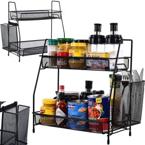 Organizator de bucătărie negru cu două niveluri cu coș lateral pentru condimente, sticle și tacâmuri - Rafturi de depozitare pentru bucătărie
