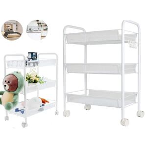 Fehér gurulós fém tárolópolc, 3 szintes, 64x44x27 cm, sokoldalú tároló kocsi fürdőszobába, konyhába és hálószobába - Tárolás & Rendszerezés