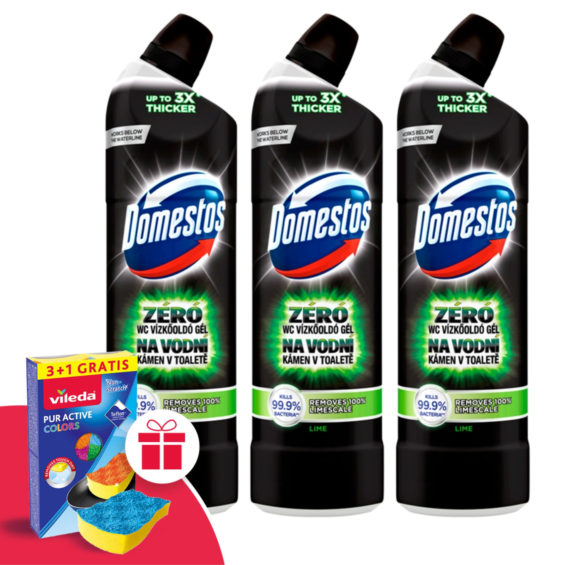 Domestos Zéró Lime WC Vízkőoldó 3x750ml + Ajándék Vileda Szivacs