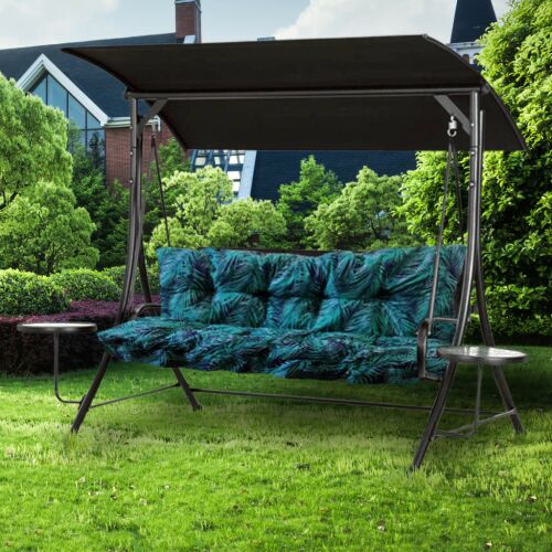 Hintaágy baldachinnal, kék és zöld pálmalevél mintás párnák, kerti bútor