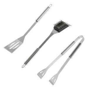Zestaw narzędzi do grilla BBQ ze stali nierdzewnej, 3 sztuki, zawiera szpatułkę, szczotkę do grilla i szczypce - Grillowanie i gotowanie na świeżym powietrzu
