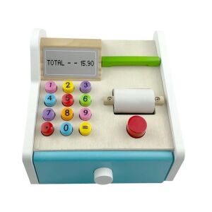 Fából készült oktatási fajáték, pénztárgép fiókkal és tartozékokkal, 16,5×16×16×16×13 cm, 16,5×16×16×13 cm