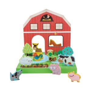 Fából készült készlet építőkockákkal, farm és 15 állatfigura, 18 hónapos kor felett