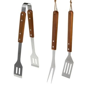 Zestaw do grillowania ze stali nierdzewnej z drewnianymi uchwytami, w zestawie: szczypce, widelec i szpatułka, 3 sztuki - Grillowanie i gotowanie na świeżym powietrzu