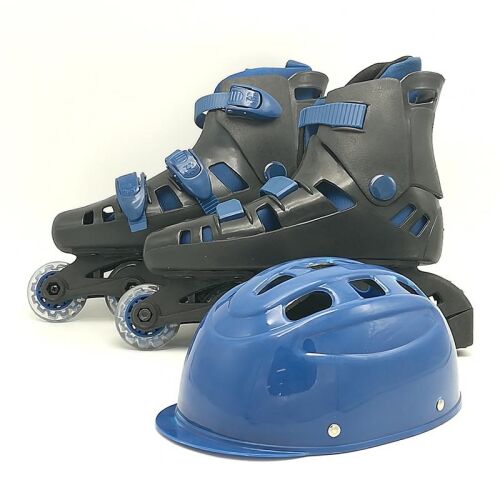 Görkorcsolya szett térd- és könyökvédőkkel, sisakkal, bójákkal, kék színben