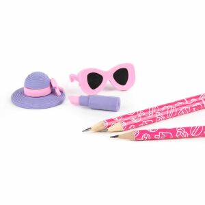 Kidea illatos ceruza és radír szett, 3 ceruza és 3 radír, rózsaszín, málna illattal, kalap, napszemüveg és rúzs formájú radírokkal - Írószer szett