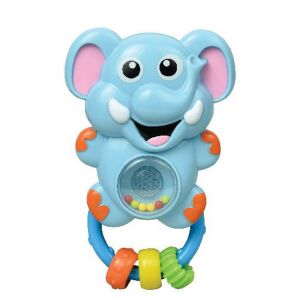 Kék elefántos csörgő színes gyöngyökkel és gyűrűkkel, tökéletes rágcsáláshoz és érzékszervi játékhoz - Moni