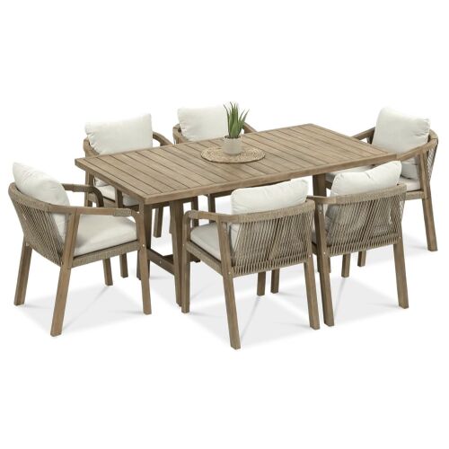 SUN MAURITIUS 6+1 akácfa kerti étkezőgarnitúra kötél hátú székekkel és párnák