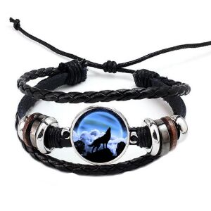 Fonott, dizájnbőr uniszex állítható Farkasos (6.) karkötő, feliratozható